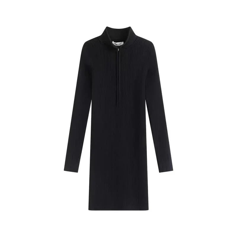 Solid Zipper Deep V-Neck Dress