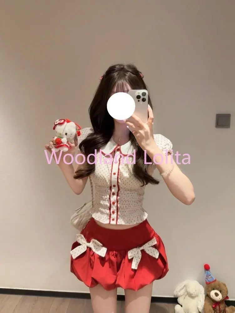 Polka Dot Top + Bow Mini Skirt