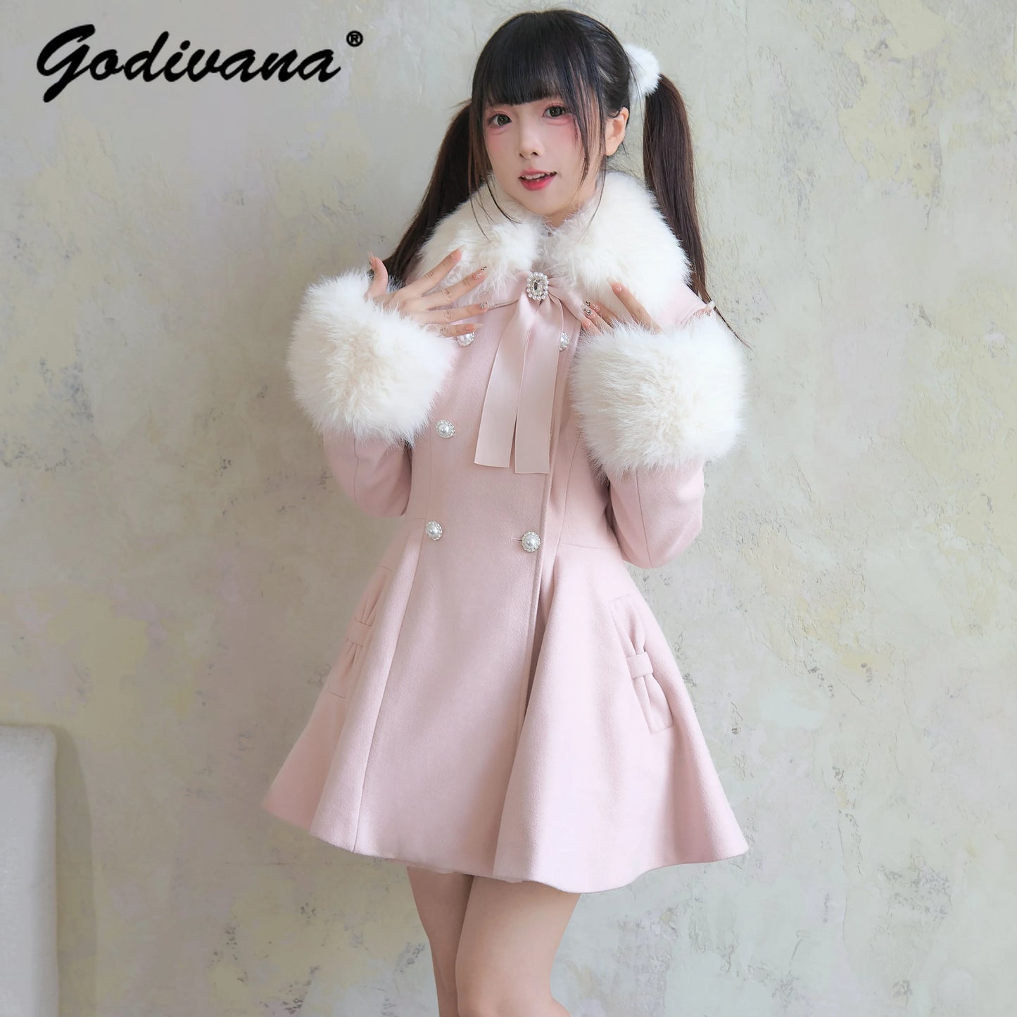 Fur Collar Slim Double-Breasted Woolen Coat