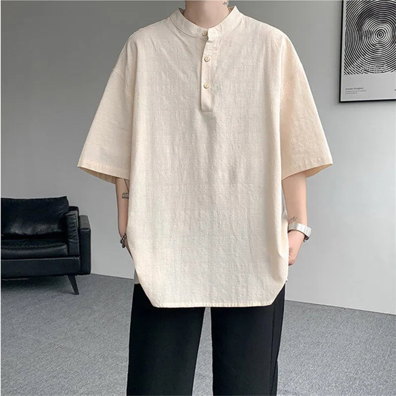Summer Henry Collar Cotton Linen Tee