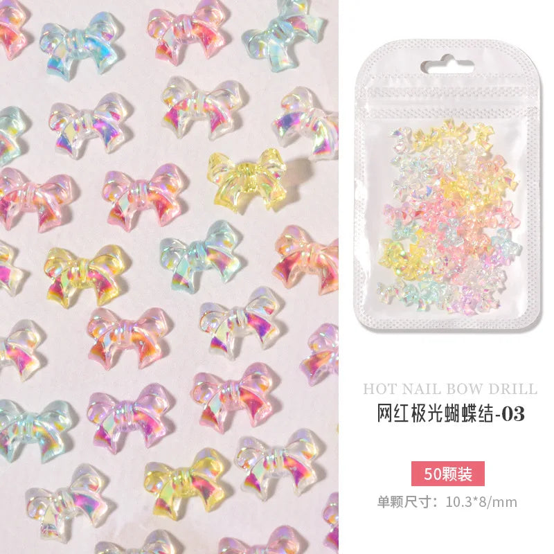 50PCS Aurora Acrylic 3D Nail Art Bow Charm For Nails Decoration Design Kawaii Manicure Accessories Bow-knot DIY Craft Supplies