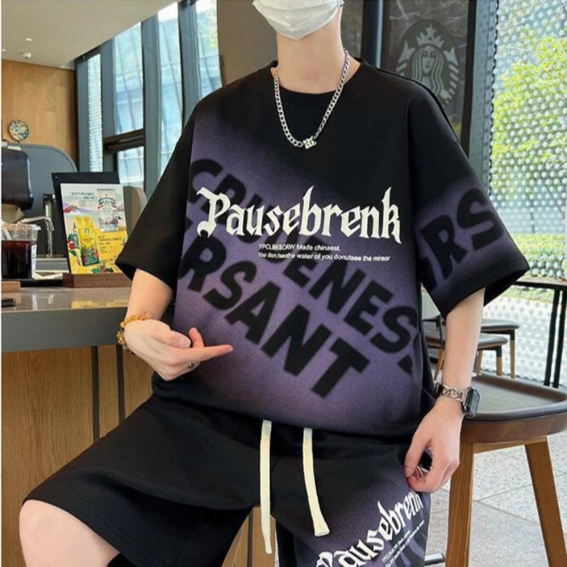 メンズ Tシャツ ショーツ 2点セット 2024 赤いトラックスーツ 原宿系 韓国風 ハイストリート ファッション クリエイティブ パターン メンズ ショートスーツ