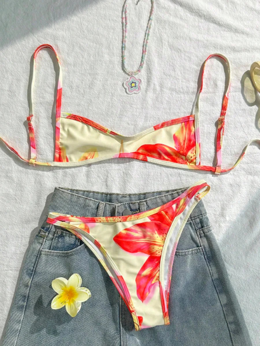 Paunikix Flowers Printed High Leg Cut Bikini