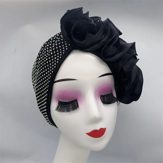 Full Body Rhinestones Mesh Women's Turban Cap Cross Twist Female Headscarf Bonnet African Head Wraps Lady Headwear Indian Hat