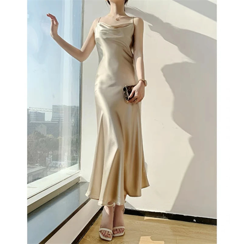 Solid Ice Silk Spaghetti Strap Dress