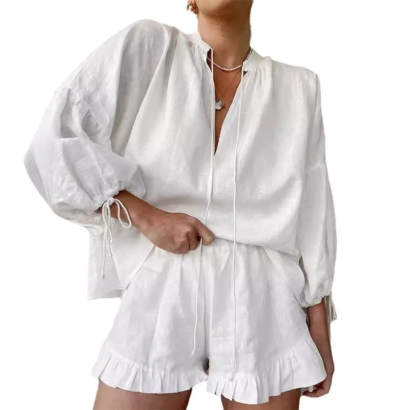 Casual White Linen-Blend Two-Piece Set