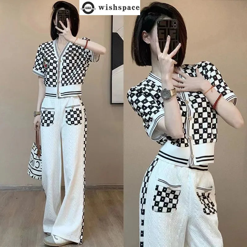 Knit Tracksuit Set - Black & White Checkerboard Short Sleeve Cardigan and Wide-Leg Lounge Pants