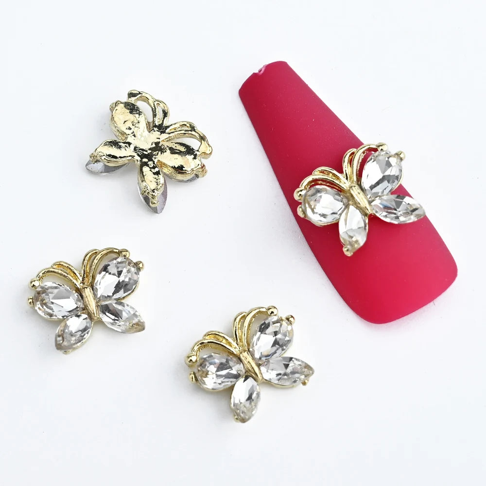 10Pcs Butterfly Nail Art Designer Charms 3D-Luxury Crystal Butterfly Nail Art Decor 12X10mm Alloy Butterfly Manicure Rhinestone*