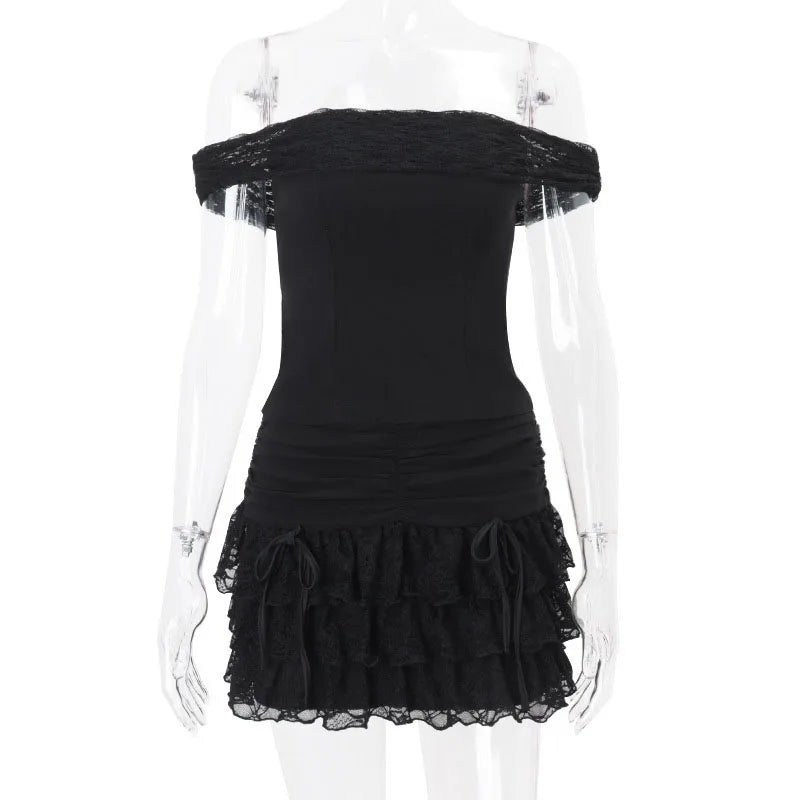 Off Shoulder Slash Neck Crop Tops+ Low-Waist Cascading Ruffles Mini Skirt Set