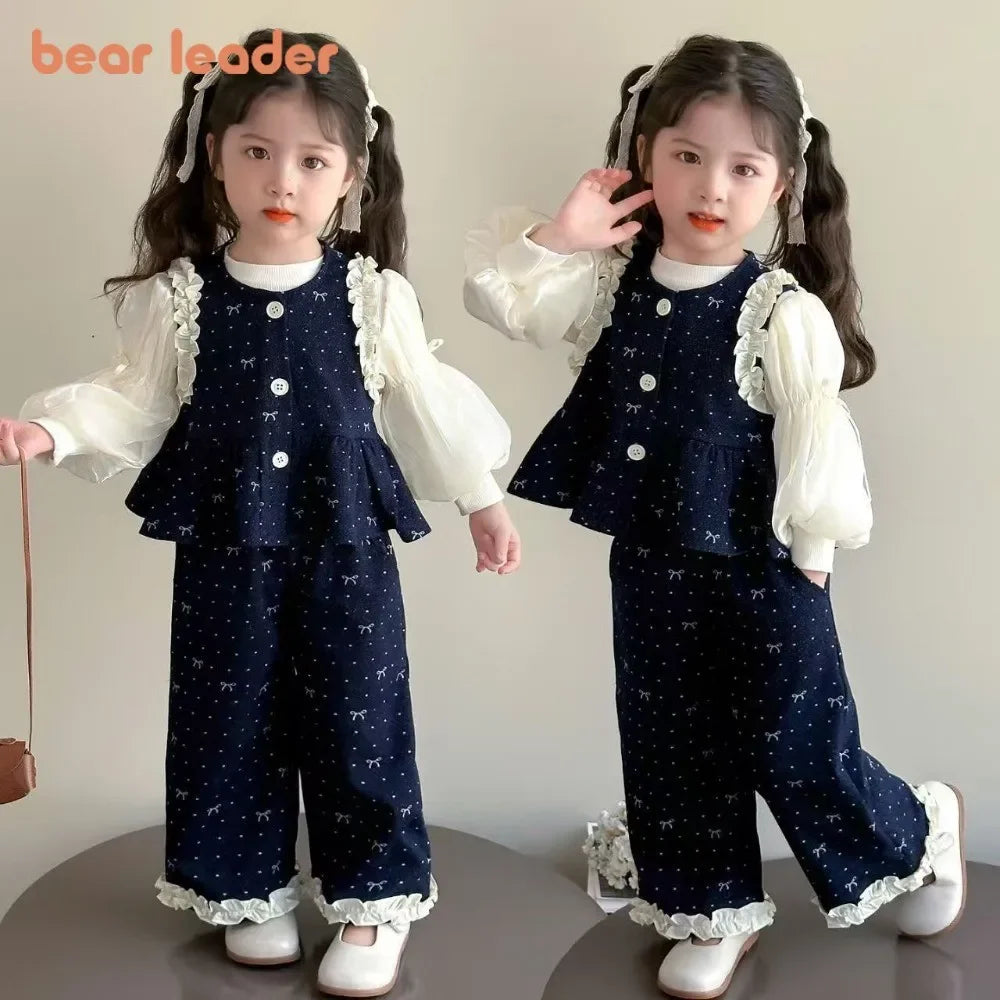 Denim Ruffle Bow Printed Vest + Long Sleeved Shirt + Pants 3 Pcs Set