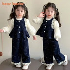 Denim Ruffle Bow Printed Vest + Long Sleeved Shirt + Pants 3 Pcs Set