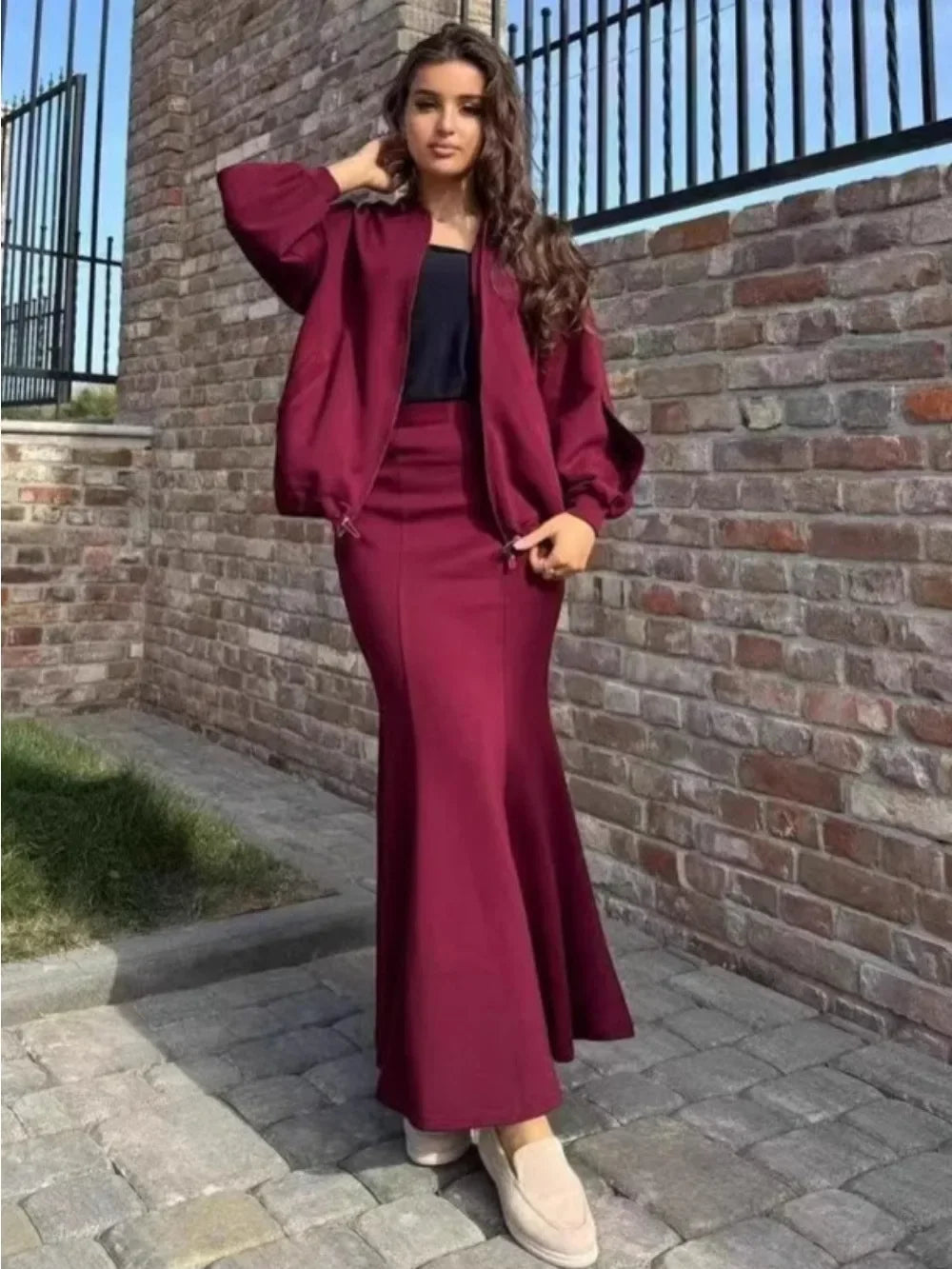 2-Piece Mermaid Maxi Skirt & Zip Jacket Set