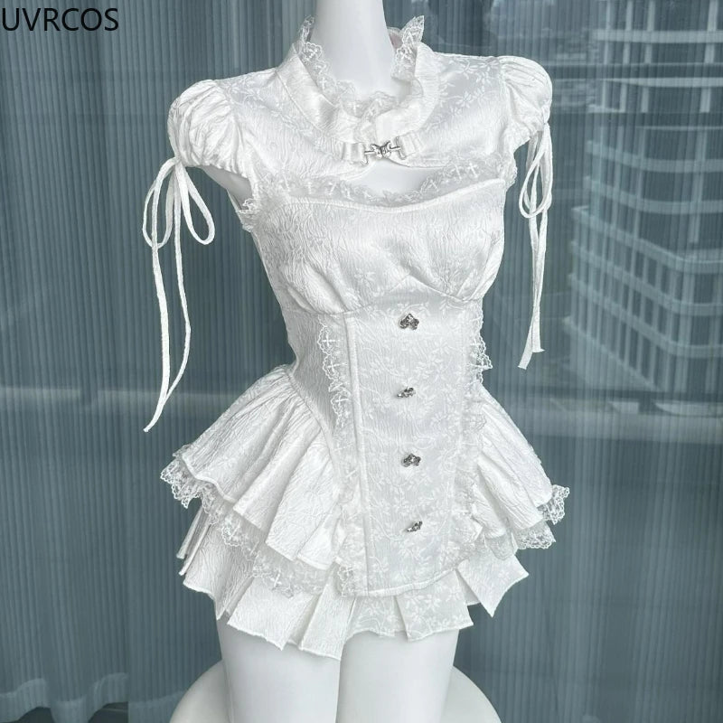 Lace Patchwork Bow Top + Mini Cake Skirt