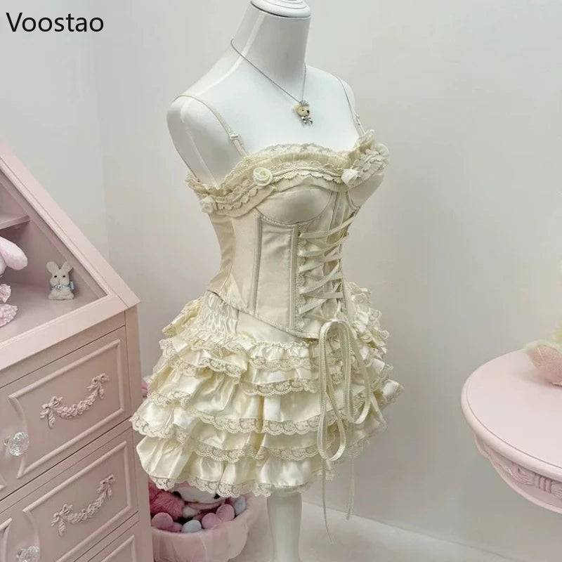 Bow Tank Tops Mini Cake Skirt Set