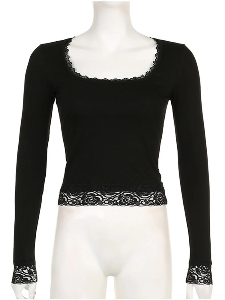 Fitted Long-Sleeve Crewneck Tee with Lace Detail
