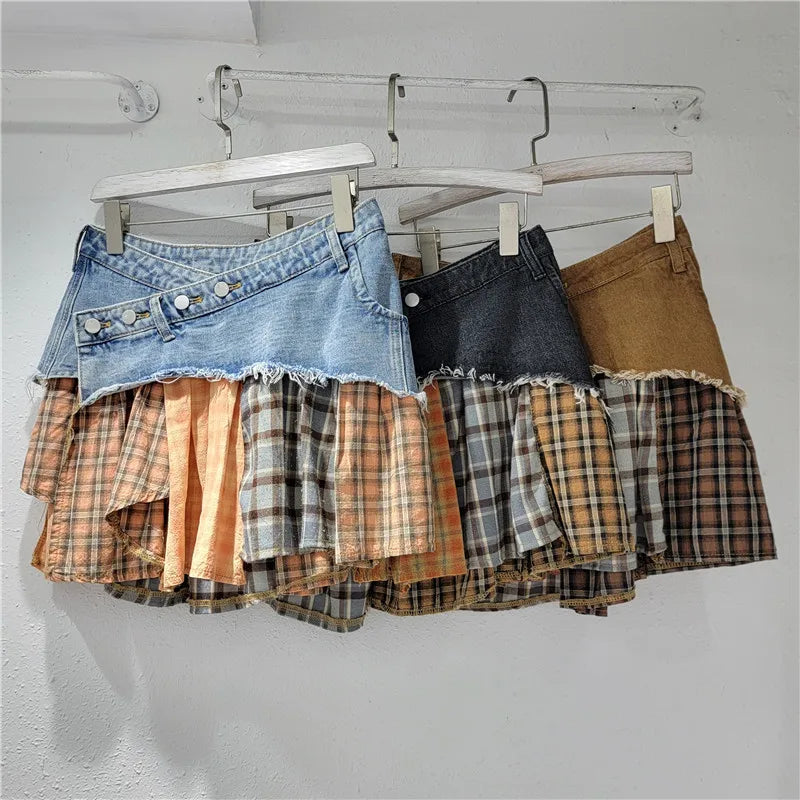 Plaid Denim Patchwork Irregular A-Line Mini Skirt
