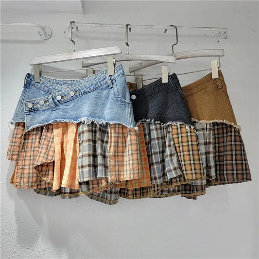 Plaid Denim Patchwork Irregular A-Line Mini Skirt