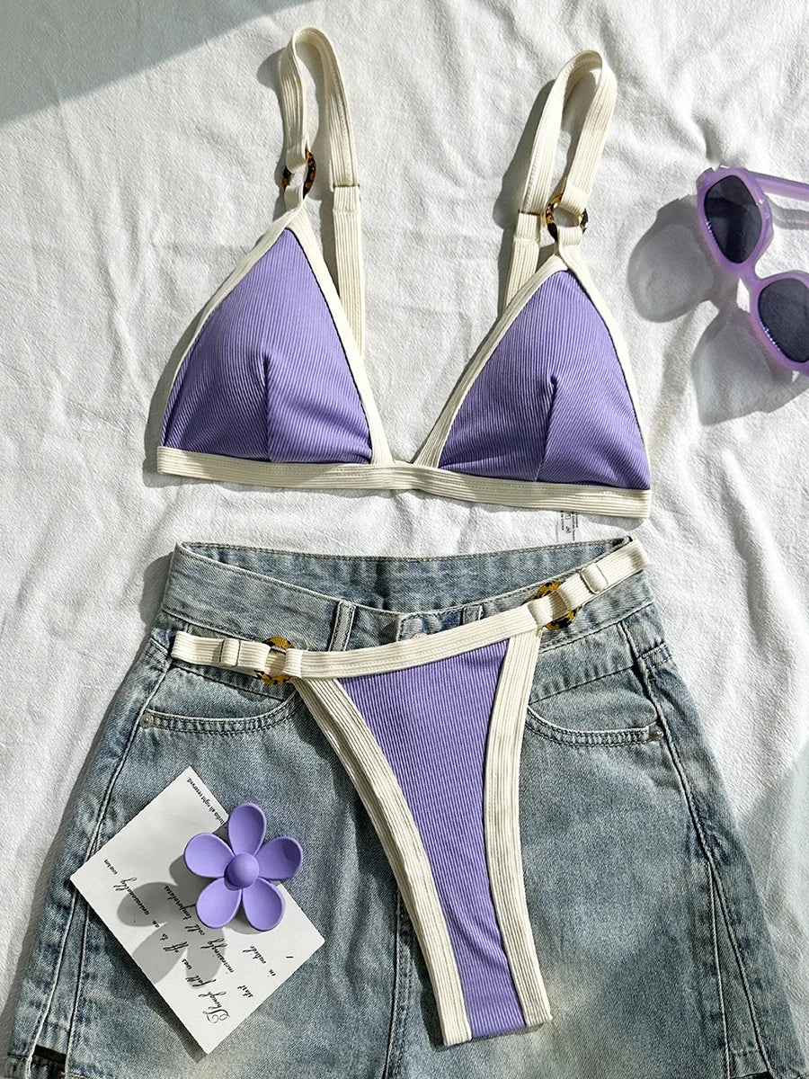 Splicing Ribbed High Cut Ring Mini Bikini