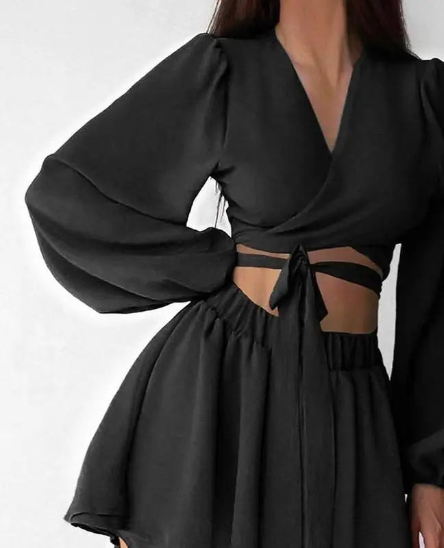V-neck Waistband Cardigan Top + Casual Comfortable All-match Solid Color Short Set