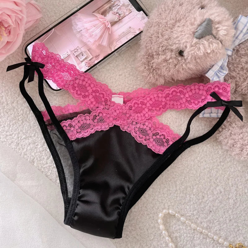 SP&CITY Cross Belt Lace Transparent Sexy Women's Underpants Low Waist Mesh Hollowed Bow Panties Cotton Crotch Breathable Briefs