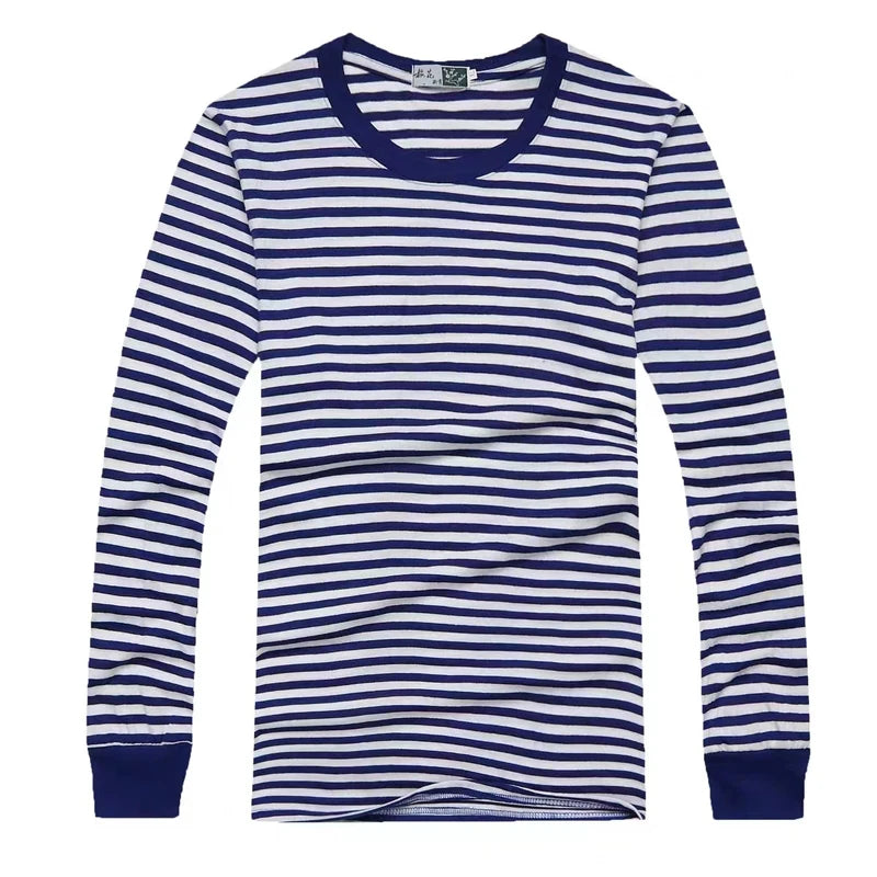 Blue and White Striped Long-Sleeve Crewneck Shirt