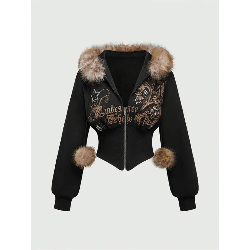 Faux Fur Trim Corset Zip-Up Hoodie
