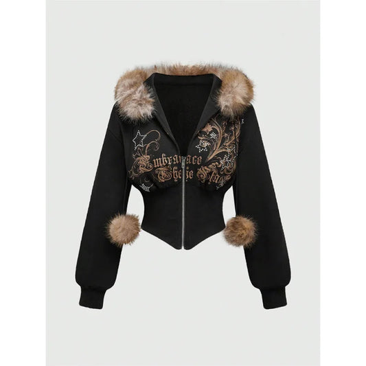 Faux Fur Trim Corset Zip-Up Hoodie