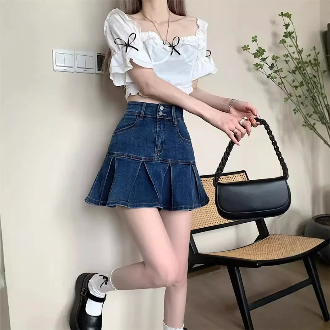 High Waist Denim Pleated A-Line Mini Skirt