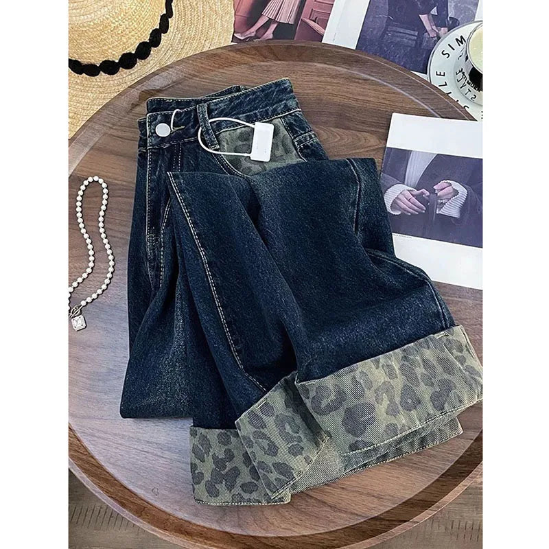Leopard Print Patchwork Wide Leg Jeans