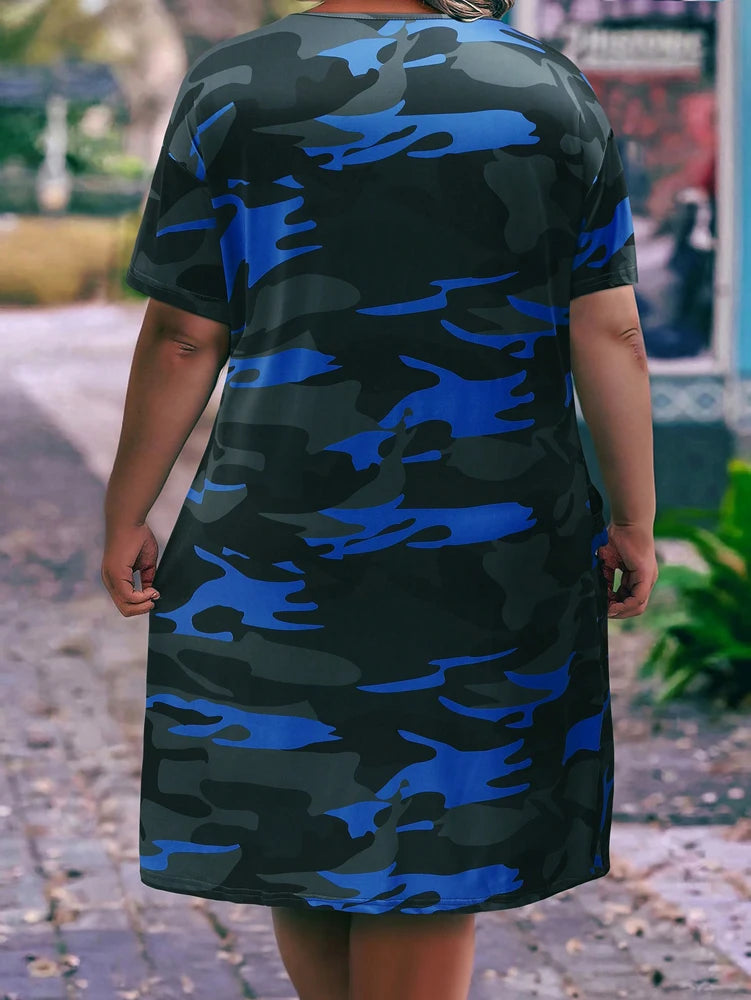 V-neck camouflage print pocket short-sleeved dress