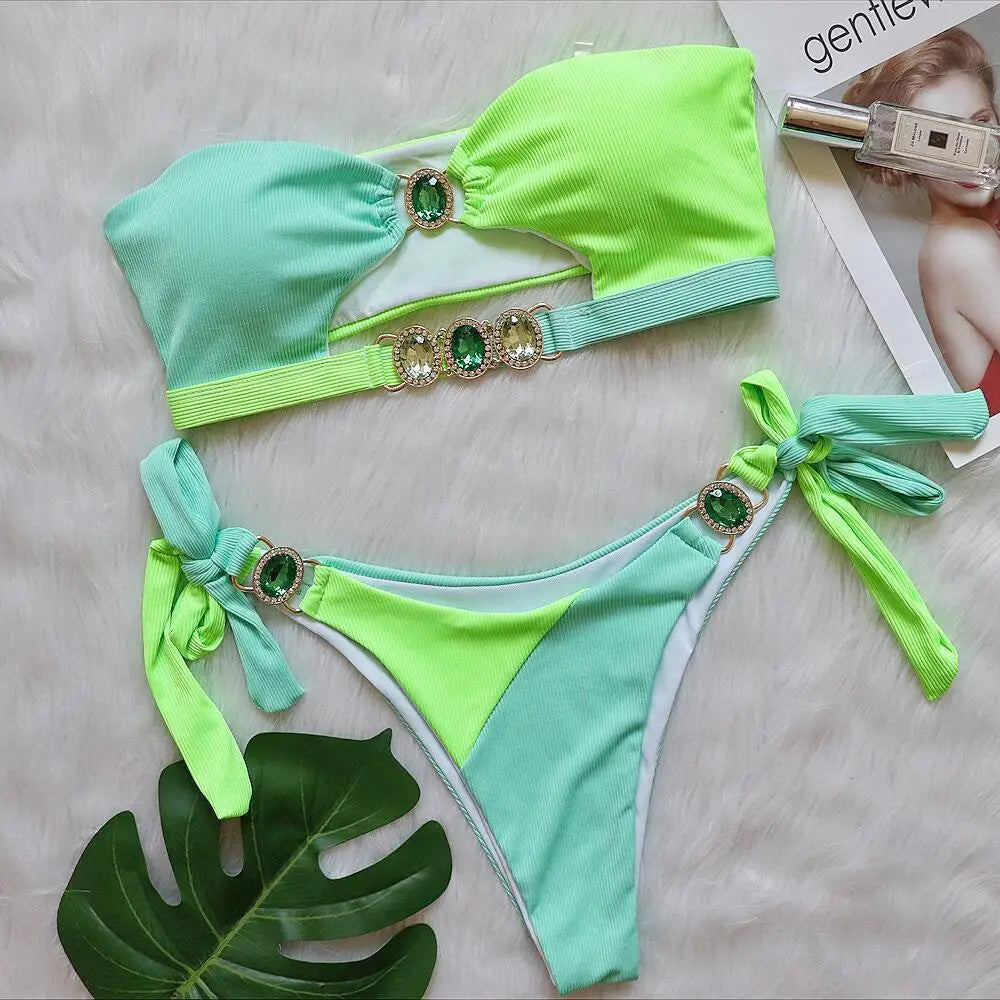 Patchwork Cut Out Rhinestone Bikini