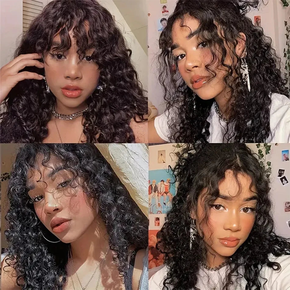 Water Wave Human Hair Wigs With Bangs