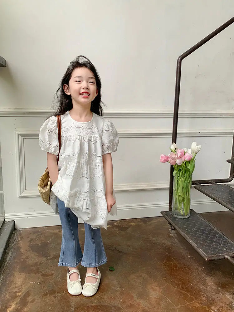 Denim Pants with Pearl Bow Detail