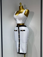Button Patchwork Bodycon Bandage Two Piece Set