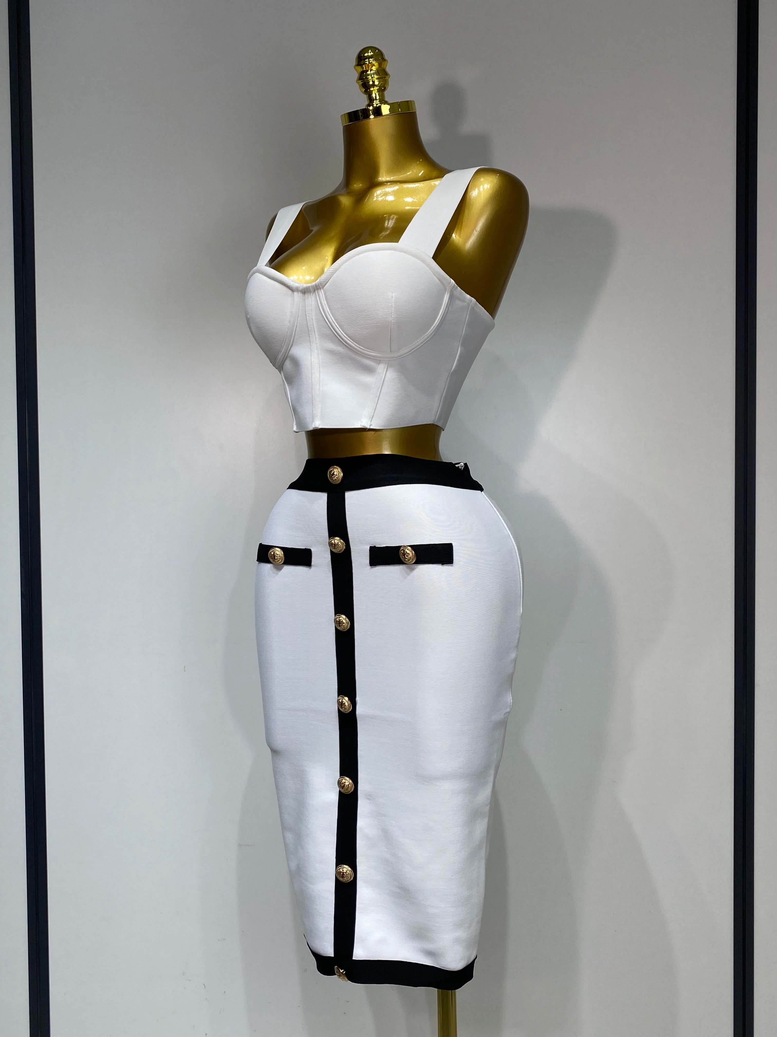 Button Patchwork Bodycon Bandage Two Piece Set