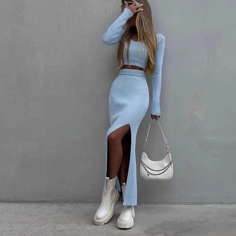 Solid Color Knit Long Sleeve T-Shirt Half Body Side Slit Bodycon Skirt 2-Piece Set