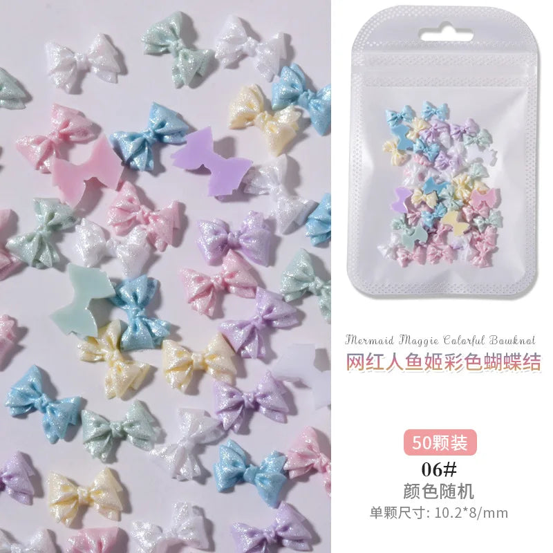 50PCS Aurora Acrylic 3D Nail Art Bow Charm For Nails Decoration Design Kawaii Manicure Accessories Bow-knot DIY Craft Supplies