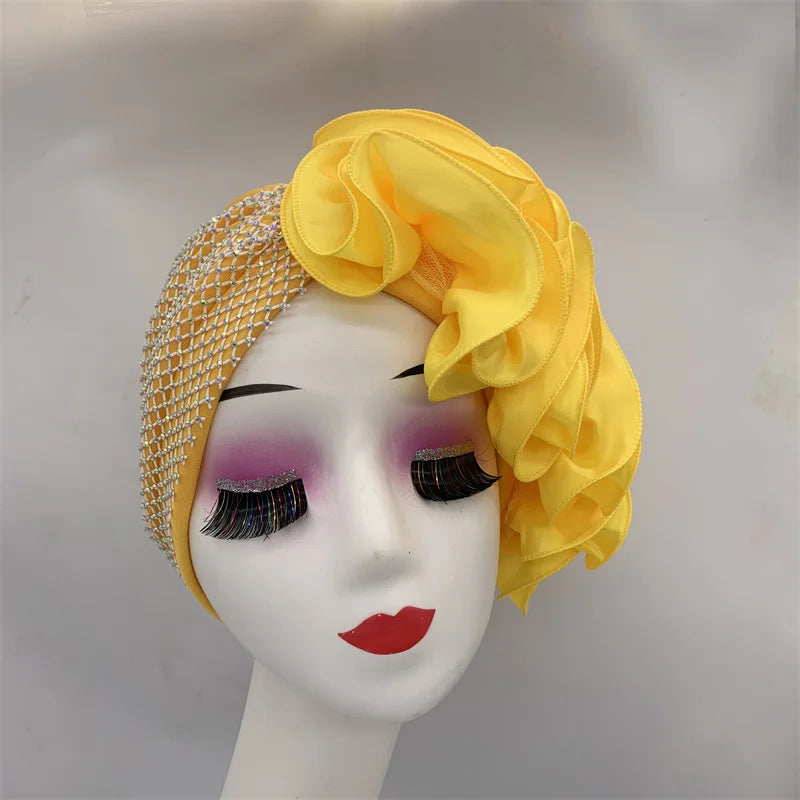 Full Body Rhinestones Mesh Women's Turban Cap Cross Twist Female Headscarf Bonnet African Head Wraps Lady Headwear Indian Hat