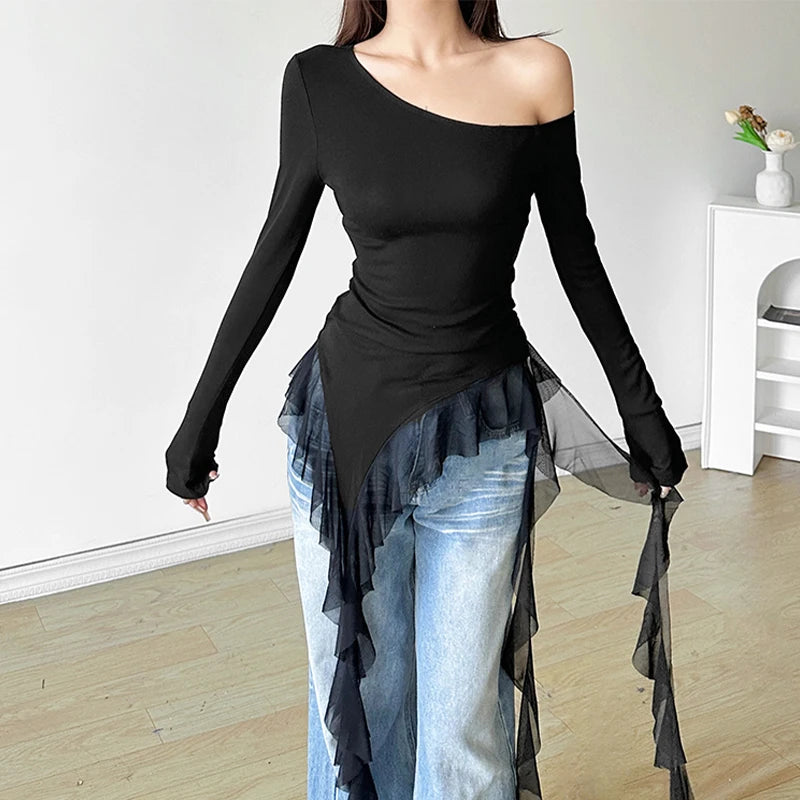 Lamuusaa Solid Color Off Shoulder Long Sleeve Asymmetrical Ruffle Hem T-Shirt
