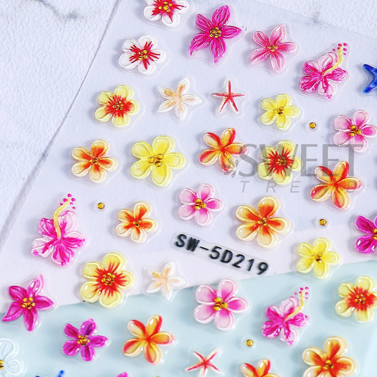 5D Summer Flowers Nail Embossed Stickers Pink Frangipani Hibiscus Five Petal Floral Starfish Decal DIY Tropical Manicure Sliders