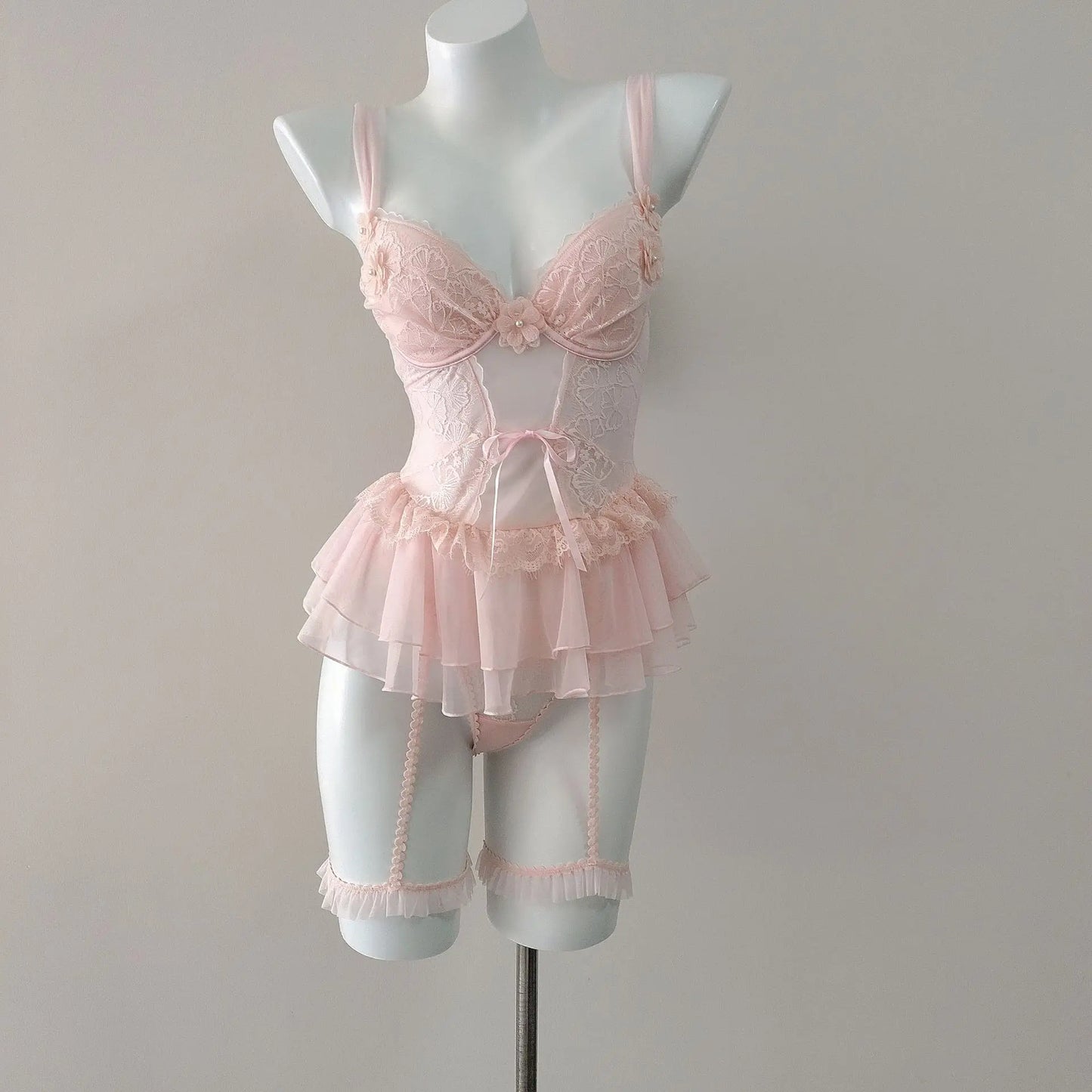 Flower Lingerie Corset Vest Slim Waist Lace Mesh Fishbone Bra Nightdress with Panty Underwear Set