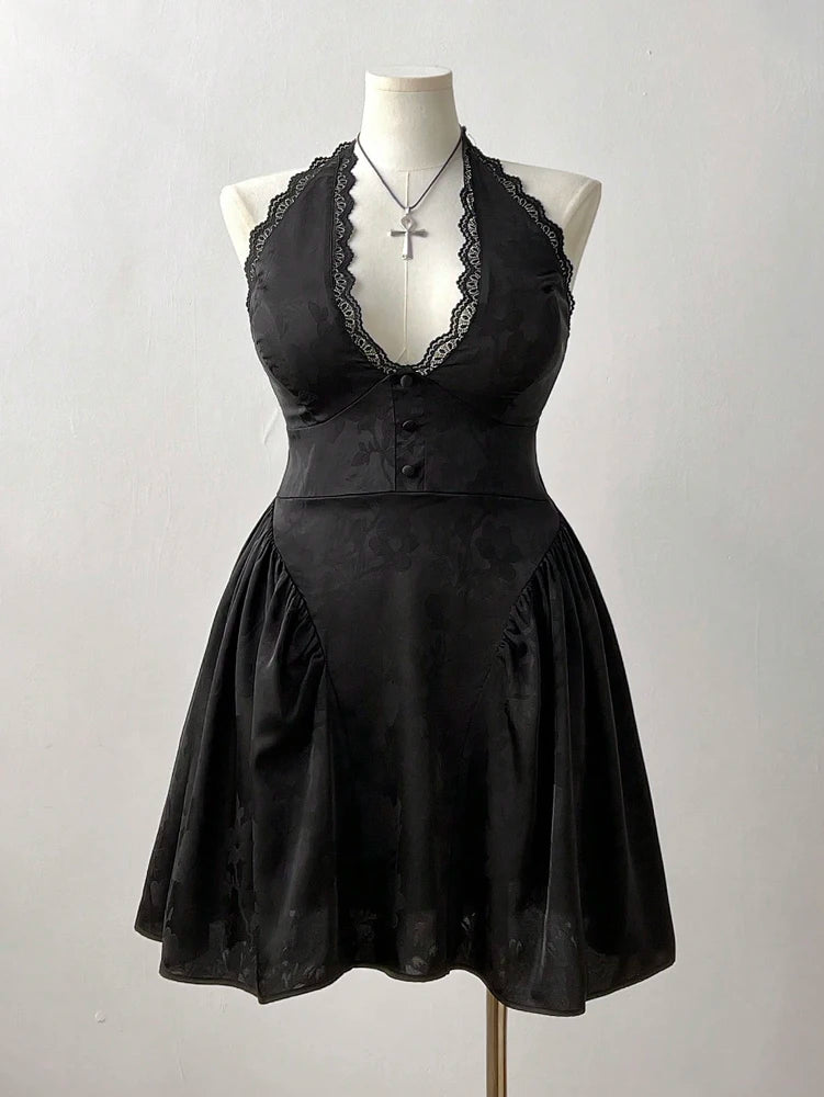 Jacquard V-Neck Lace Back Cutout Dress