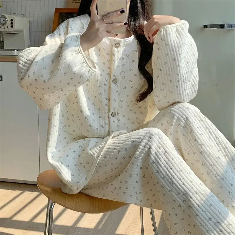 Floral Sleepwear Women Pajama Sets Winter Piiama Fleece Pants Sets 2 Pieces Korean Cute Lace Night Wears Warm Sleeping Home Suit