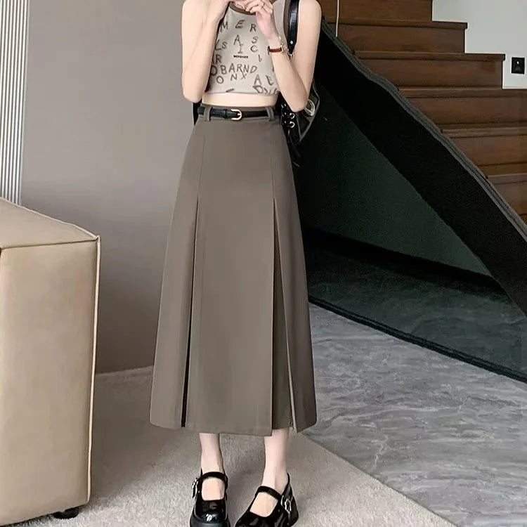 High Waist Elastic A-Line Midi Skirt