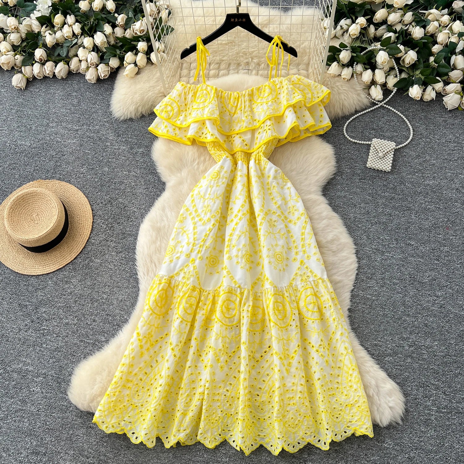 Eyelet Lace Ruffle Midi Dress