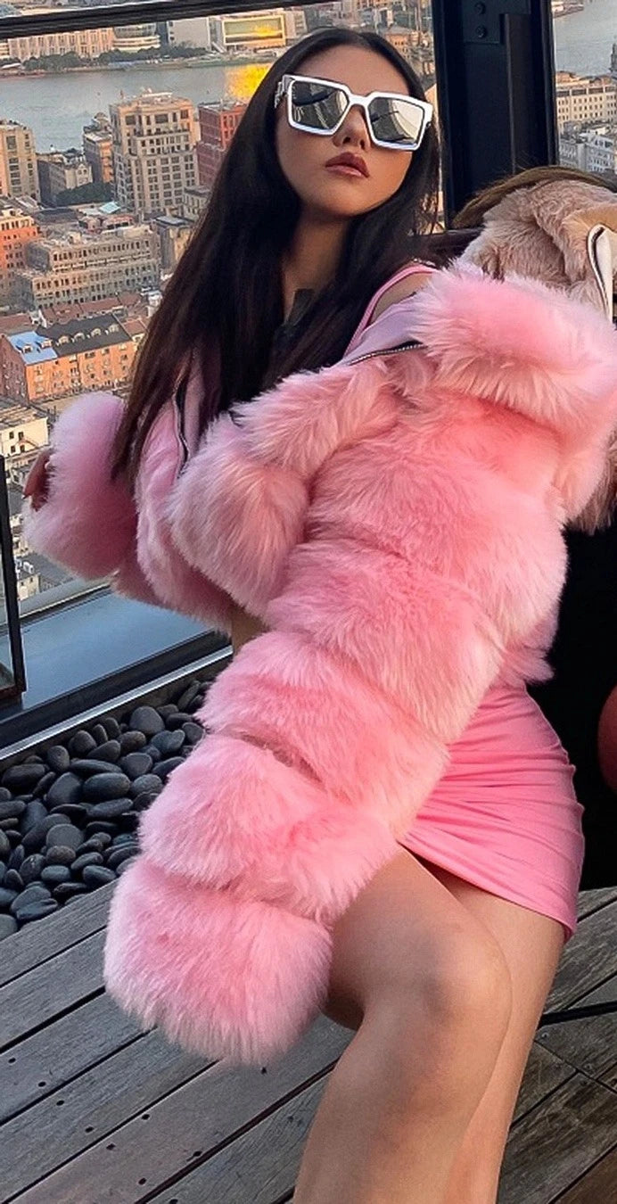 Women Faux Fox Fur Coats Short Work Fur Jackets Spliced Hooded Long Sleeves Thick Warm Fur Loose Y2k Casual 2025 Autumn Winter