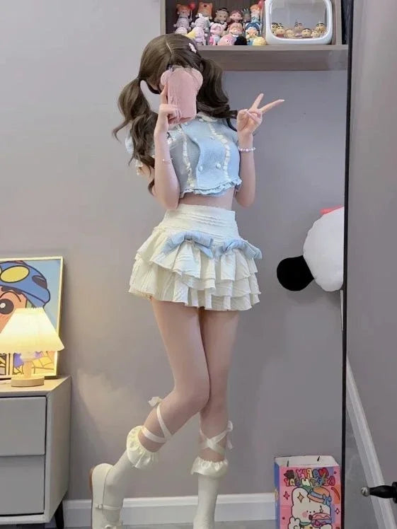 Short-Sleeve Blue Tweed Crop Top and Cream Tiered Ruffle Mini Skirt with Twin Bows