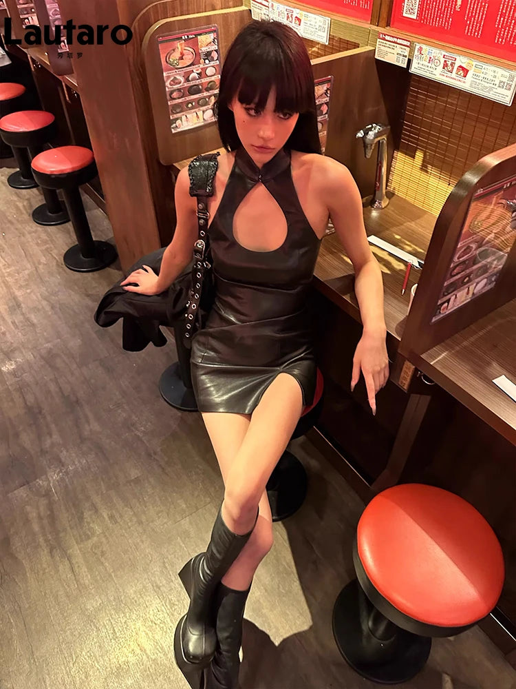 Faux Leather Mini Halter Dress