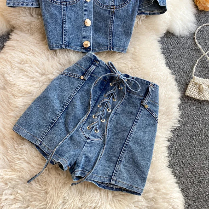 Short Sleeve Puff Sleeve Crop Top and Lace-Up High-Waisted Shorts Set