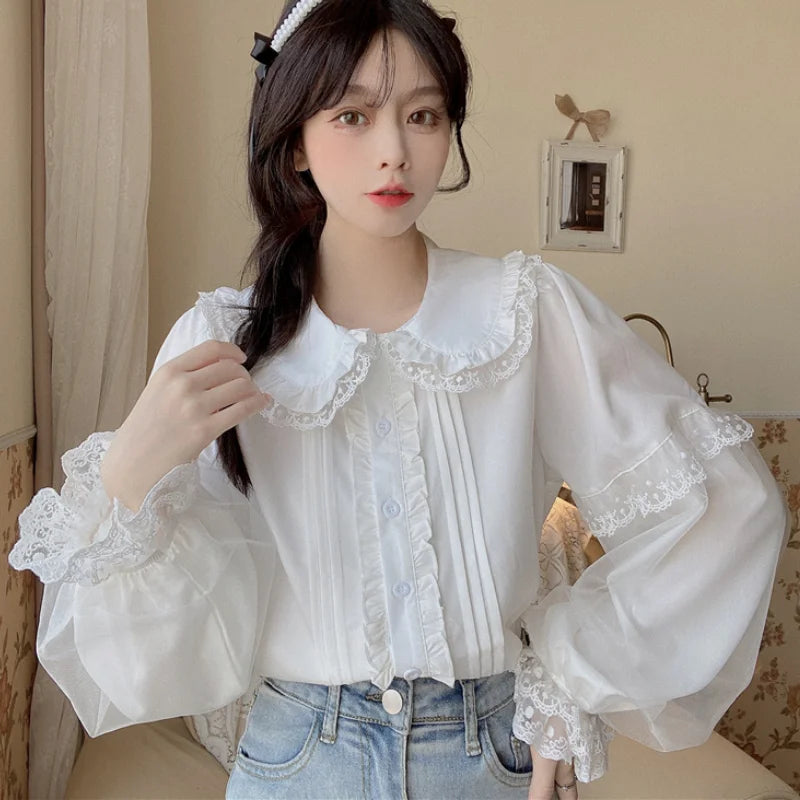 Lace Ruffles Peter Pan Collar Blouse
